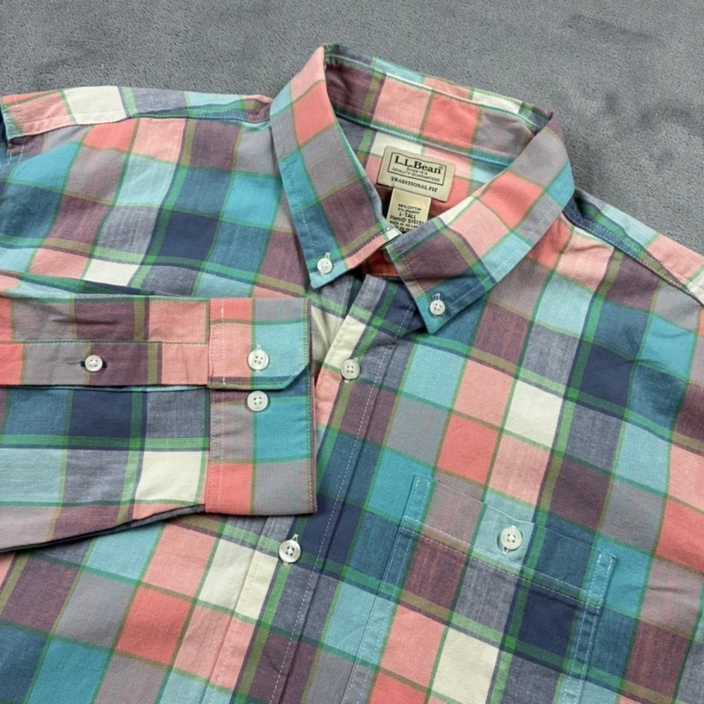 LL Bean Mens Large Tall Plaid Button Down Shirt Traditional Fit Teal Gray Cream